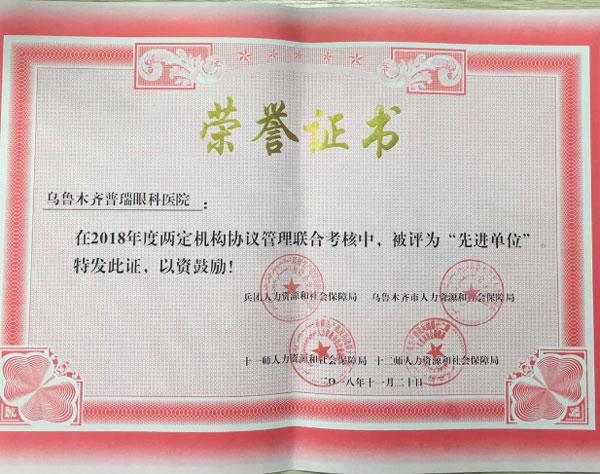 烏魯木齊普瑞眼科醫院被評為2018年兩定機構“先進單位”